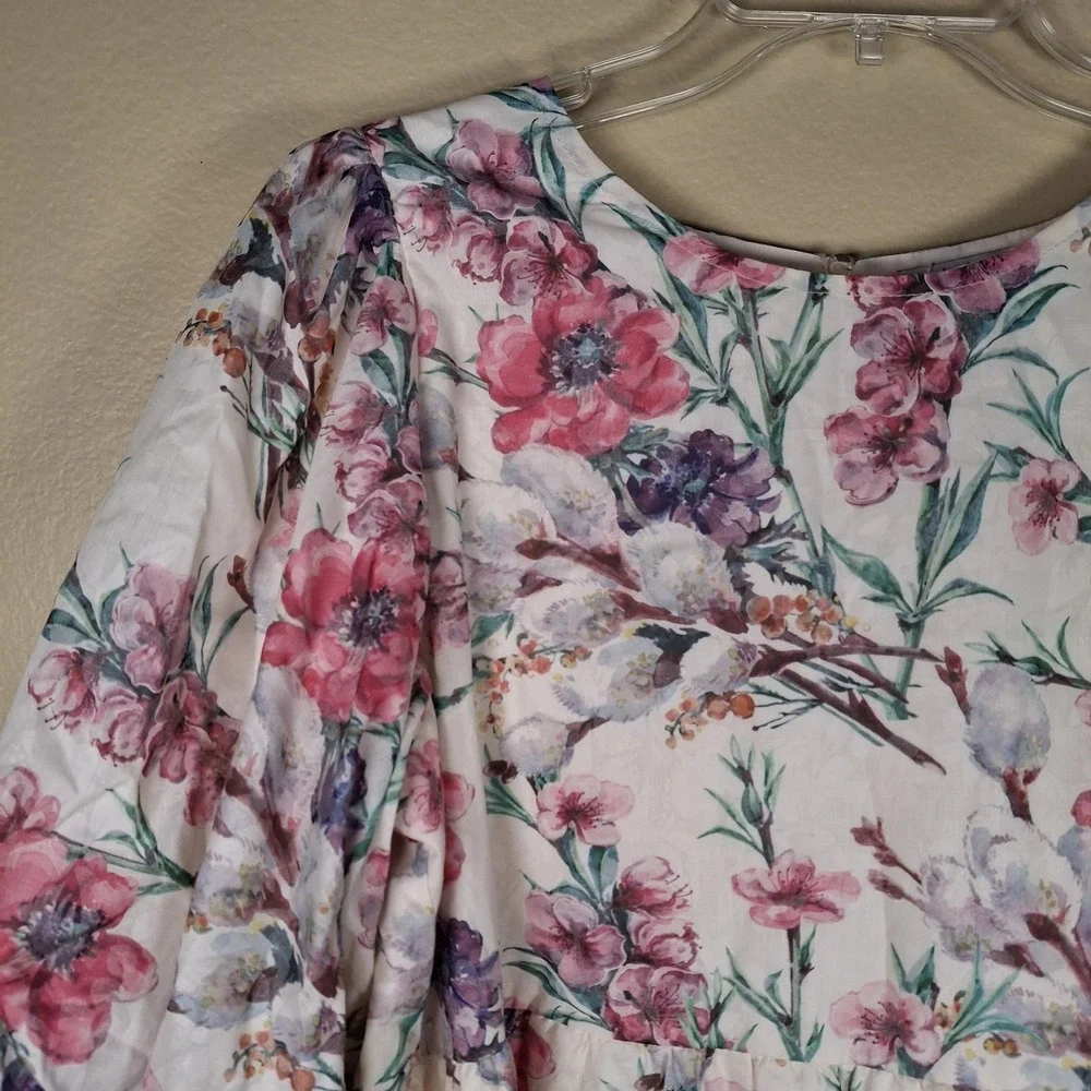 Polagram Women's‎ Large Midi Dress Lavender Floral Farmhouse Cottage Puff Sleeve